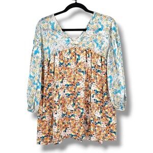 Oddy Floral‎ Print Tunic Boho Cottage Light Long Sleeve V Neck Casual Size L